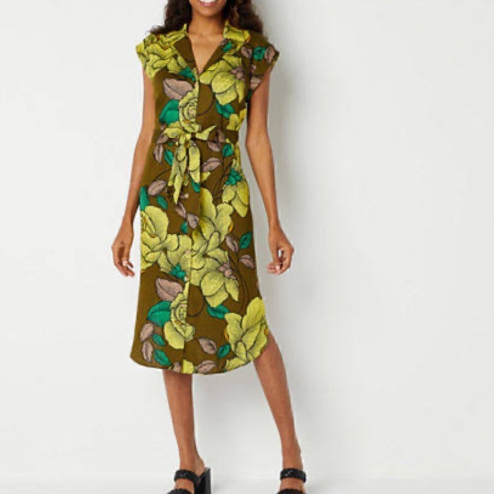 Worthington Short Sleeve Midi Shirt Dress May Floral Moss Mustard Green